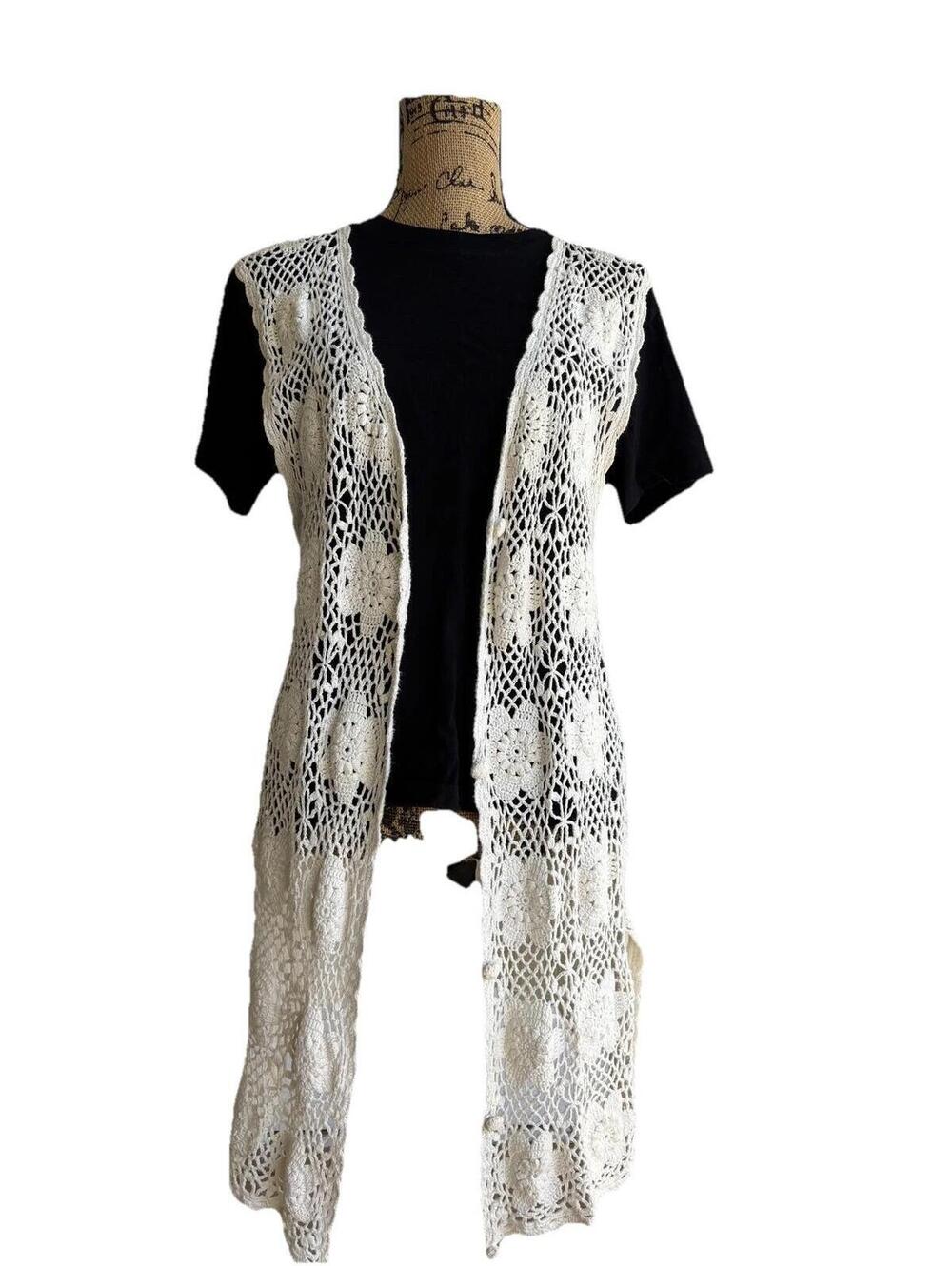 Vintage Pierre Cardin Women's Cream Floral Colored Crochet Vest Size XL